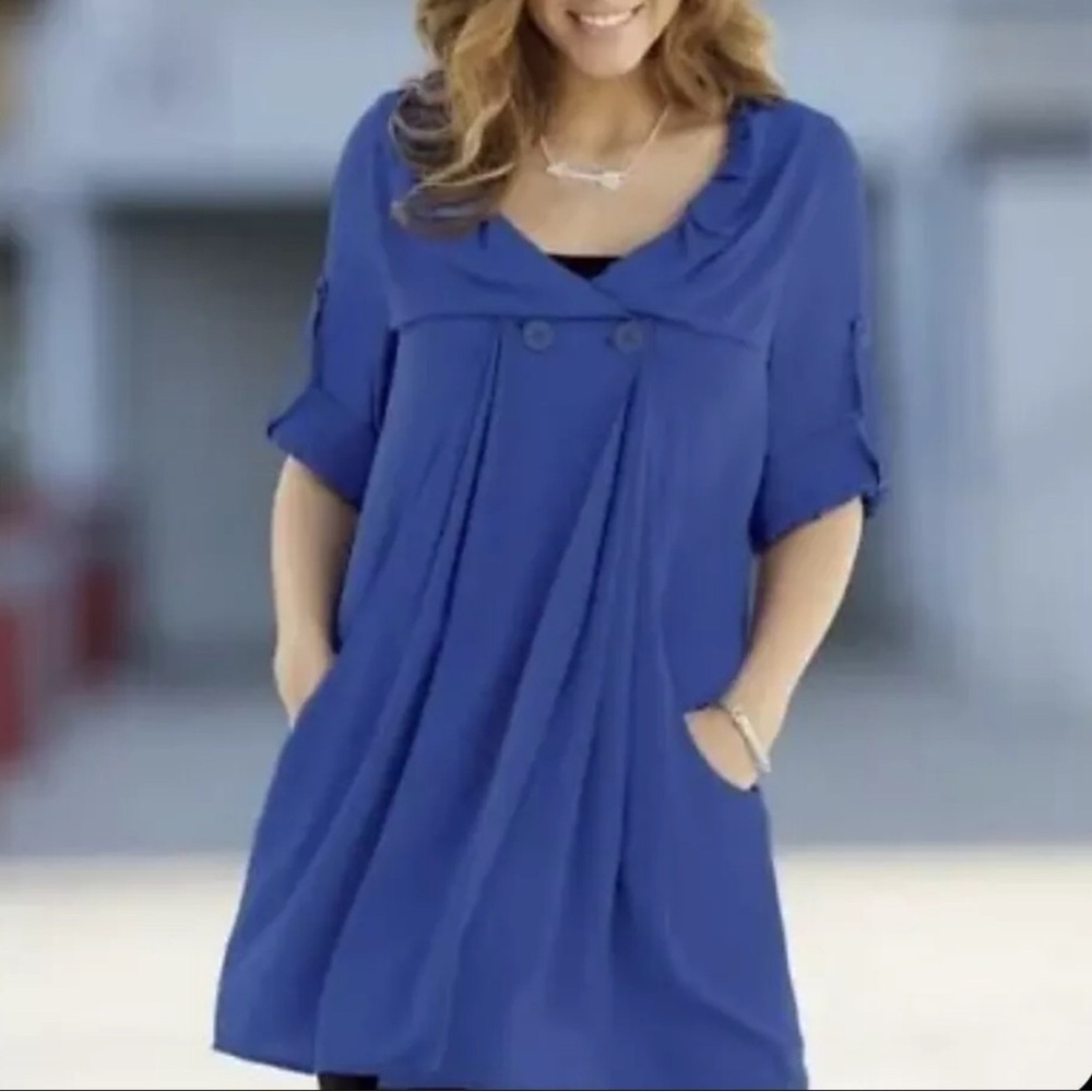 Tribal Blue Flowy Tunic Blouse Size Medium